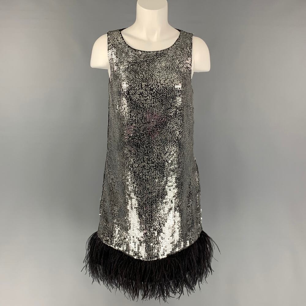 BADGLEY MISCHKA S Silver & Black Polyester Sequined Ostrich Feathers Dress